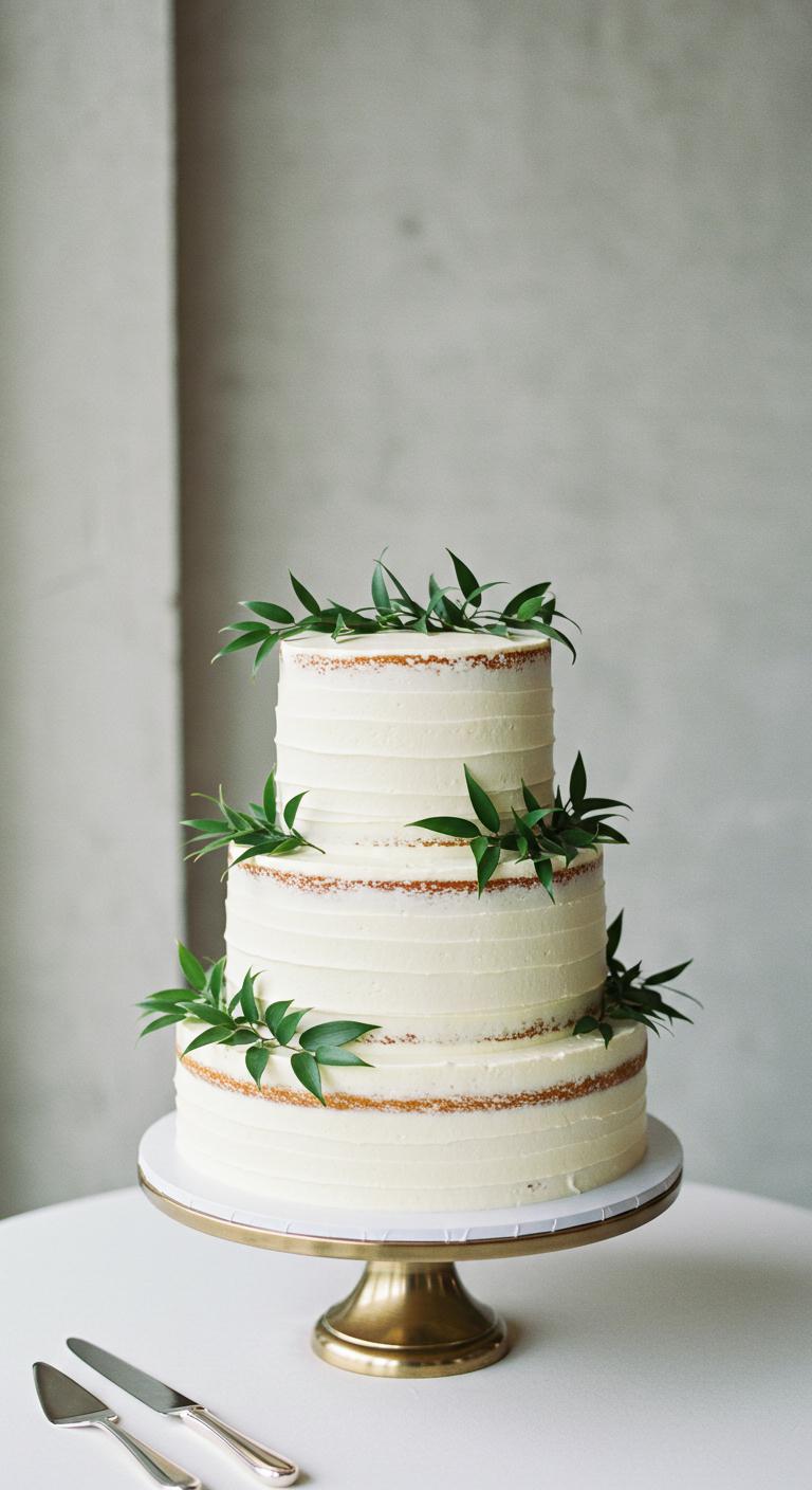 A **two-tier minimalist wedding cake** with **soft-white frosting**, elegantly adorned with **lush greenery accents**. The cake is set against a simple, modern backdrop, showcasing its elegant design and the vibrant contrast of the greenery, embodying a **chic and refined** aesthetic that captures the beauty of nature. Guests admire the cake as a central piece of the modern wedding décor.
