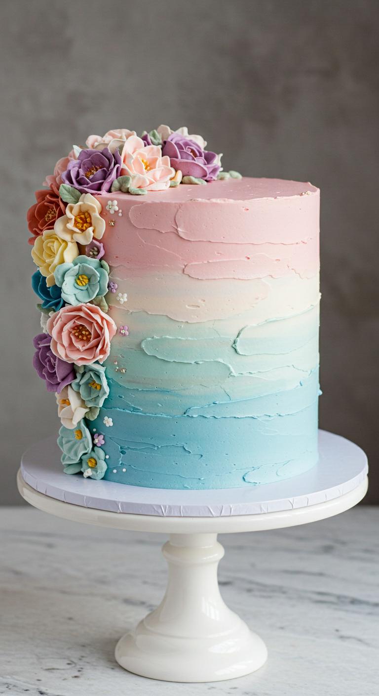 A beautifully crafted **ombré floral cake** showcasing a **gradient of soft pastel colors** transitioning to bolder hues, adorned with **delicate edible flowers**. The cake is visually striking, standing as an **artistic centerpiece** that captivates attention and evokes a sense of whimsy.