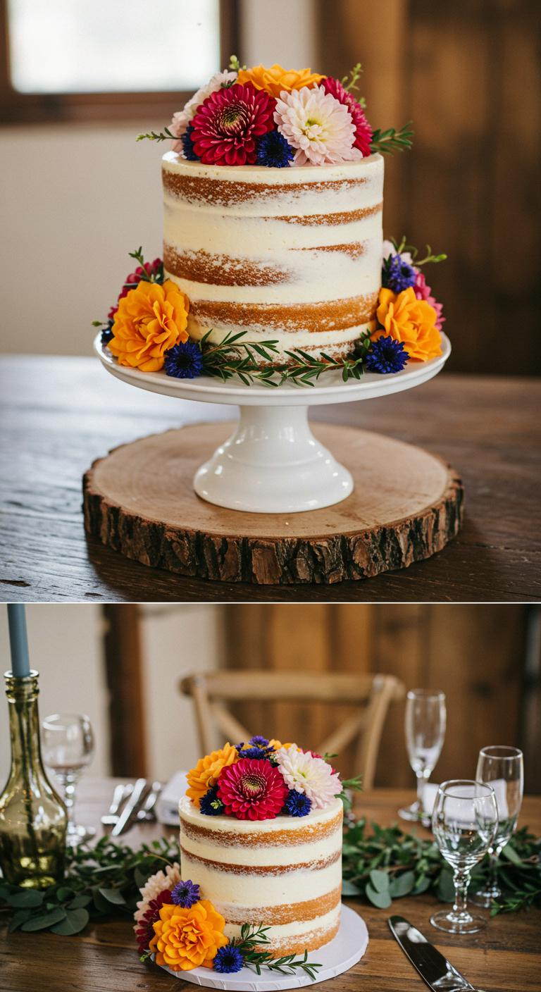 A **rustic yet elegant** wedding celebration featuring a **traditional naked cake** adorned with an assortment of **vibrant seasonal flowers**. The cake has **layers of moist sponge** visible, inviting guests to savor each bite. The setting should reflect **natural beauty**, simplicity, and a stunning visual aesthetic that merges taste with breathtaking design.
