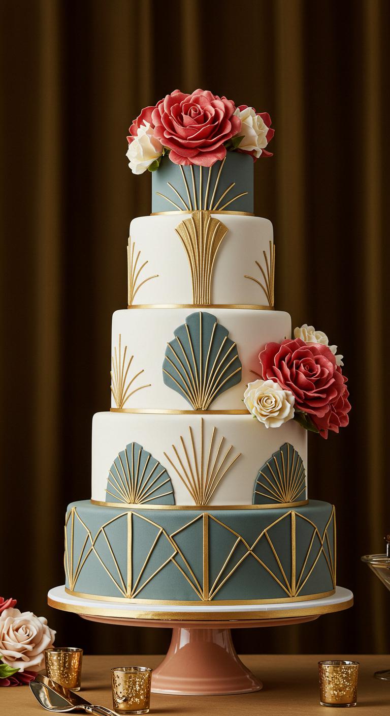An **Art Deco style cake** featuring **vibrant geometric patterns** and **stylish flower placements**. The cake is elegantly designed with **floral symmetry** and a **carefully curated color palette**, showcasing **modern elegance** inspired by vintage influences. The setting is decorated to align with various event themes, creating an atmosphere that leaves guests in awe. The cake is prominently displayed, highlighting the artistry and chic design elements that define the Art Deco aesthetic.
