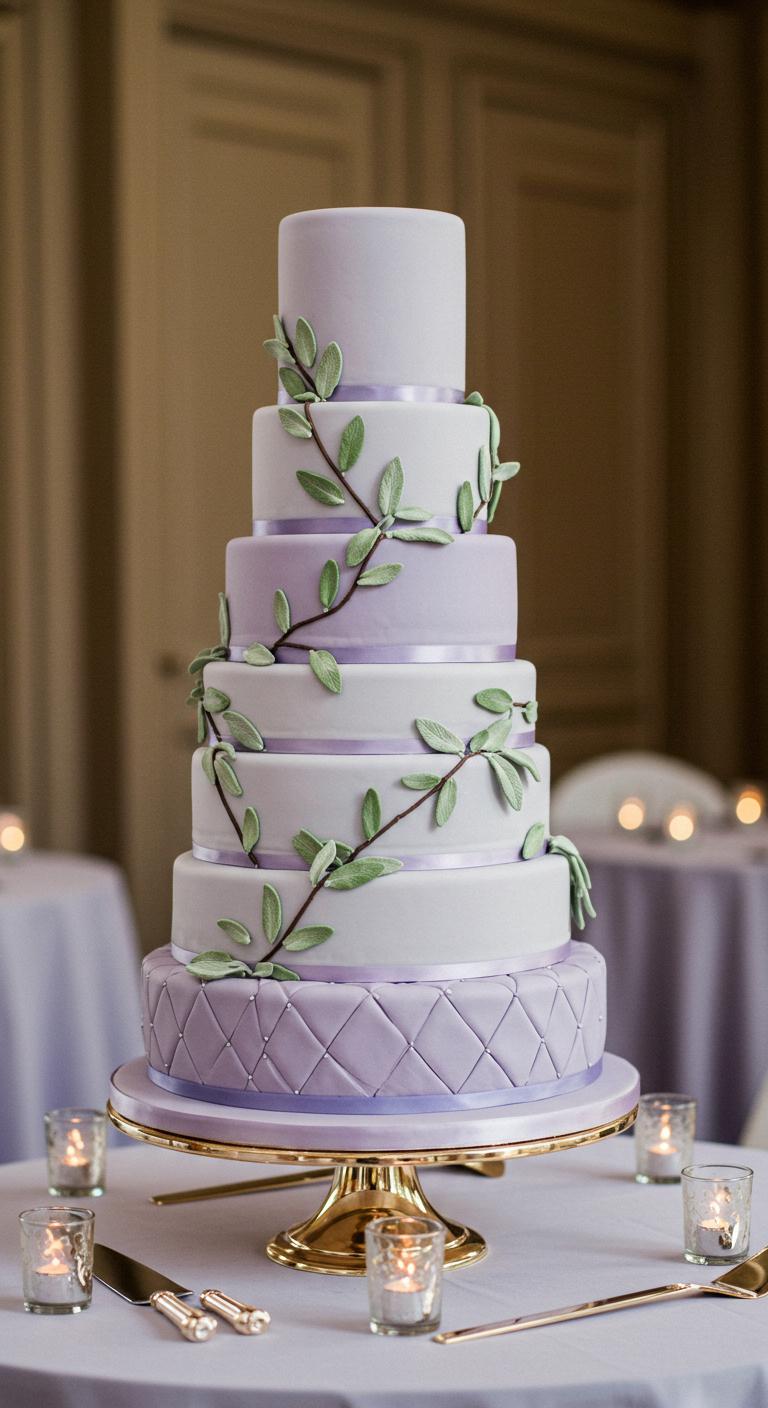 A multi-tiered whimsical cake featuring a **lavender color palette** adorned with **delicate sage leaf accents**, set in an elegant celebration atmosphere, showcasing **enchanting hues** and a captivating focal point.