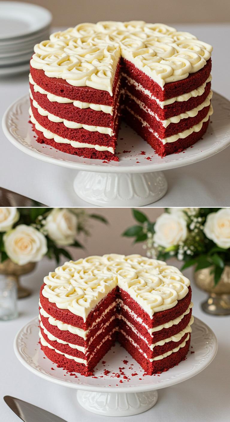 A beautiful **wedding cake** featuring layers of **rich red velvet**, elegantly adorned with swirls of **creamy cream cheese frosting**. The cake should showcase a **moist and striking appearance**, with hints of **warm vanilla and cocoa flavors** peeking through the deep red layers. The setting should be **romantic**, with soft lighting and enchanting floral arrangements to enhance the allure of the dessert, capturing the moments of guests admiring and savoring this delightful treat.
