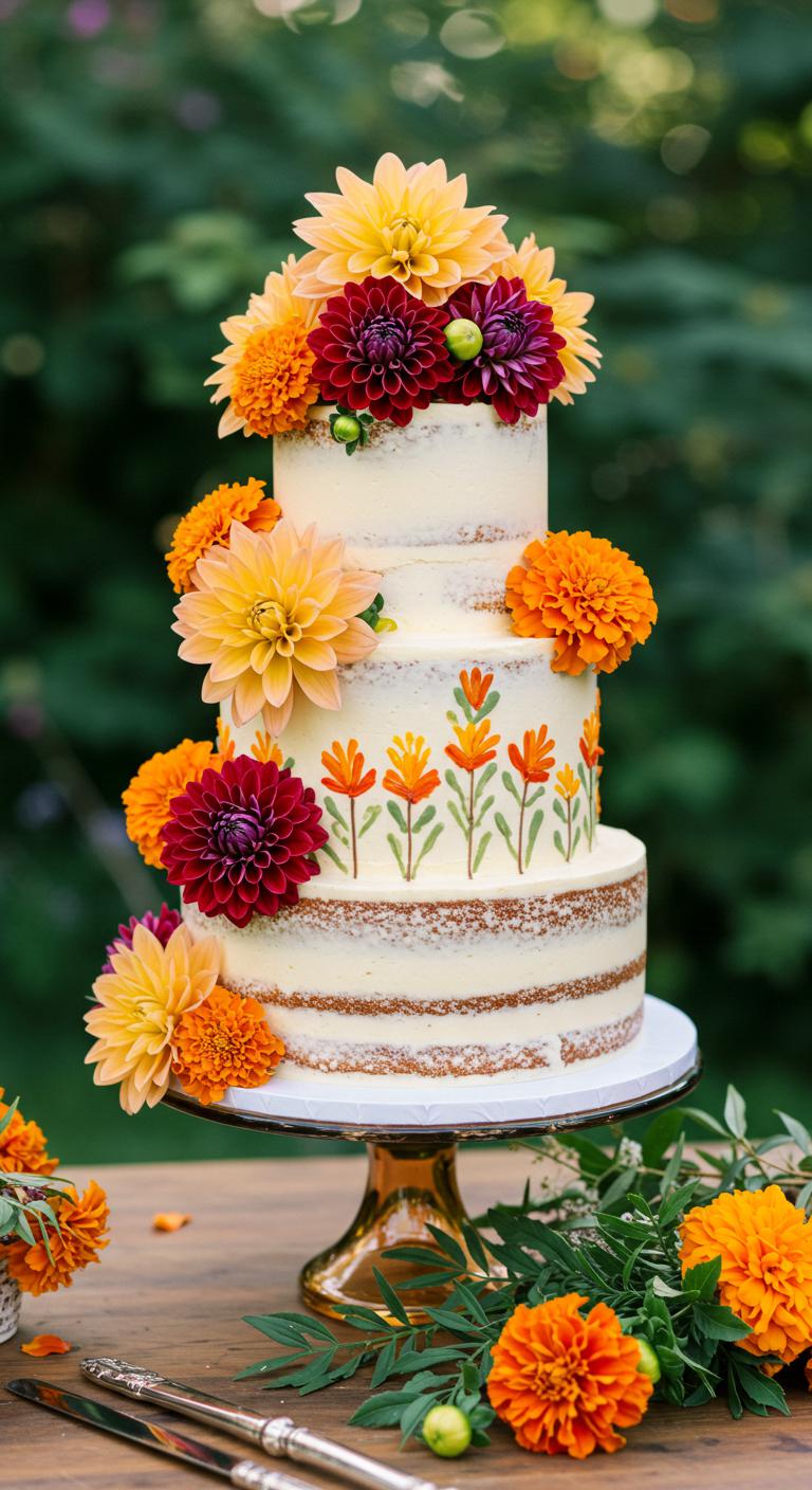 A beautifully decorated **summer wedding** cake adorned with **vibrant marigolds and dahlias** in various colors, set against a lush garden backdrop. The cake showcases **intricate floral designs** and is surrounded by greenery, capturing the essence of **affection, joy, and elegance** for a special day. The **warm sunlight** adds a glow, reflecting the beauty of summer.