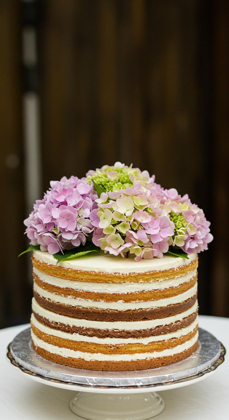 A **charming vintage cake** adorned with **soft hydrangeas** in enchanting hues, showcasing **rustic layers** and intricate detailing, evoking warmth and intimacy, surrounded by guests savoring slices of this **timeless masterpiece**.
