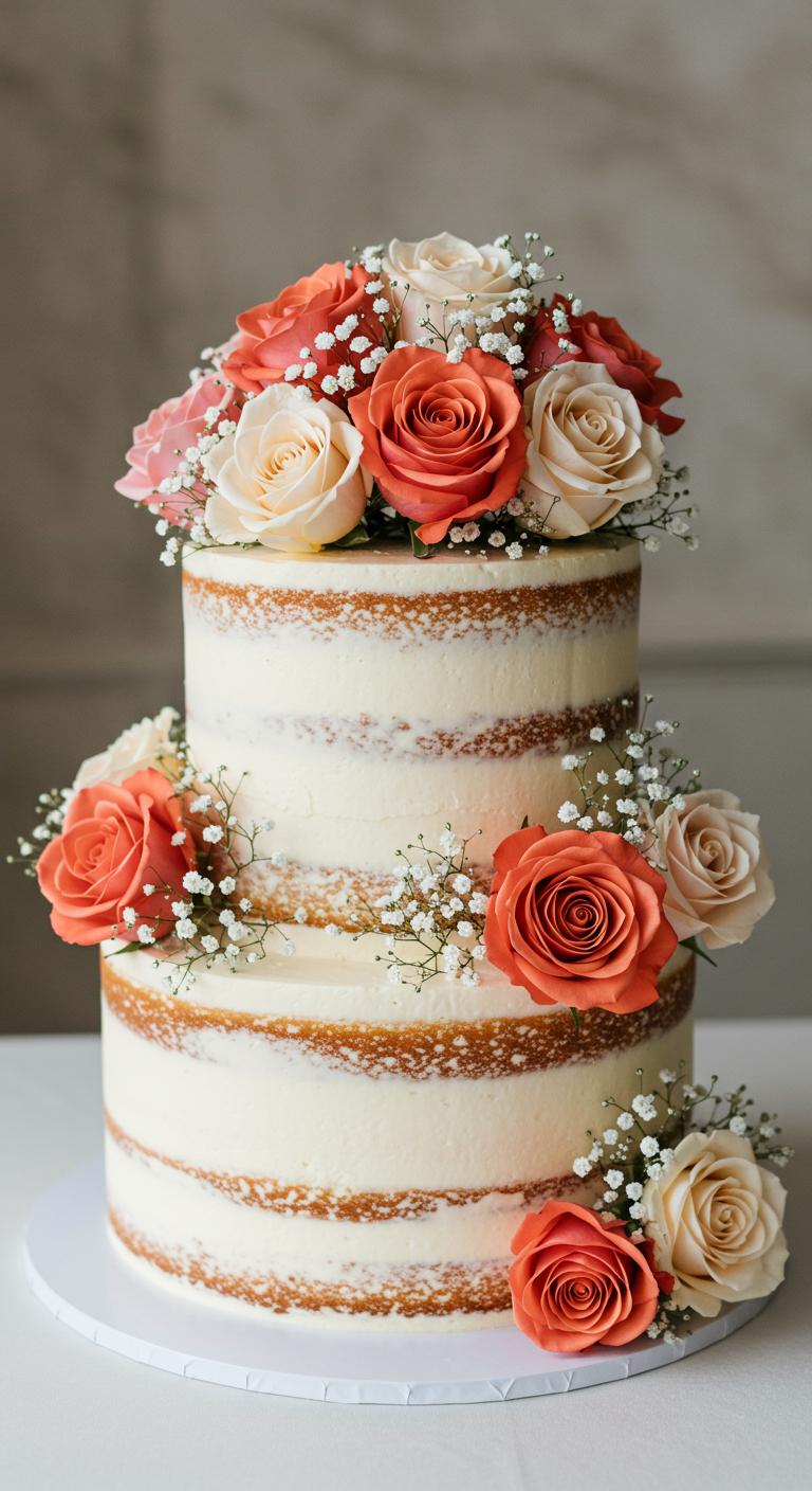 A beautifully decorated **classic round cake** topped with **vibrant roses** in various shades and delicate sprigs of **baby’s breath**, set against an elegant backdrop suitable for a **wedding celebration**. The cake should showcase a harmonious blend of colors and textures, highlighting the romantic and timeless nature of floral designs. Soft lighting enhances the ethereal feel of the scene, making the cake a **stunning centerpiece** for guests to admire.