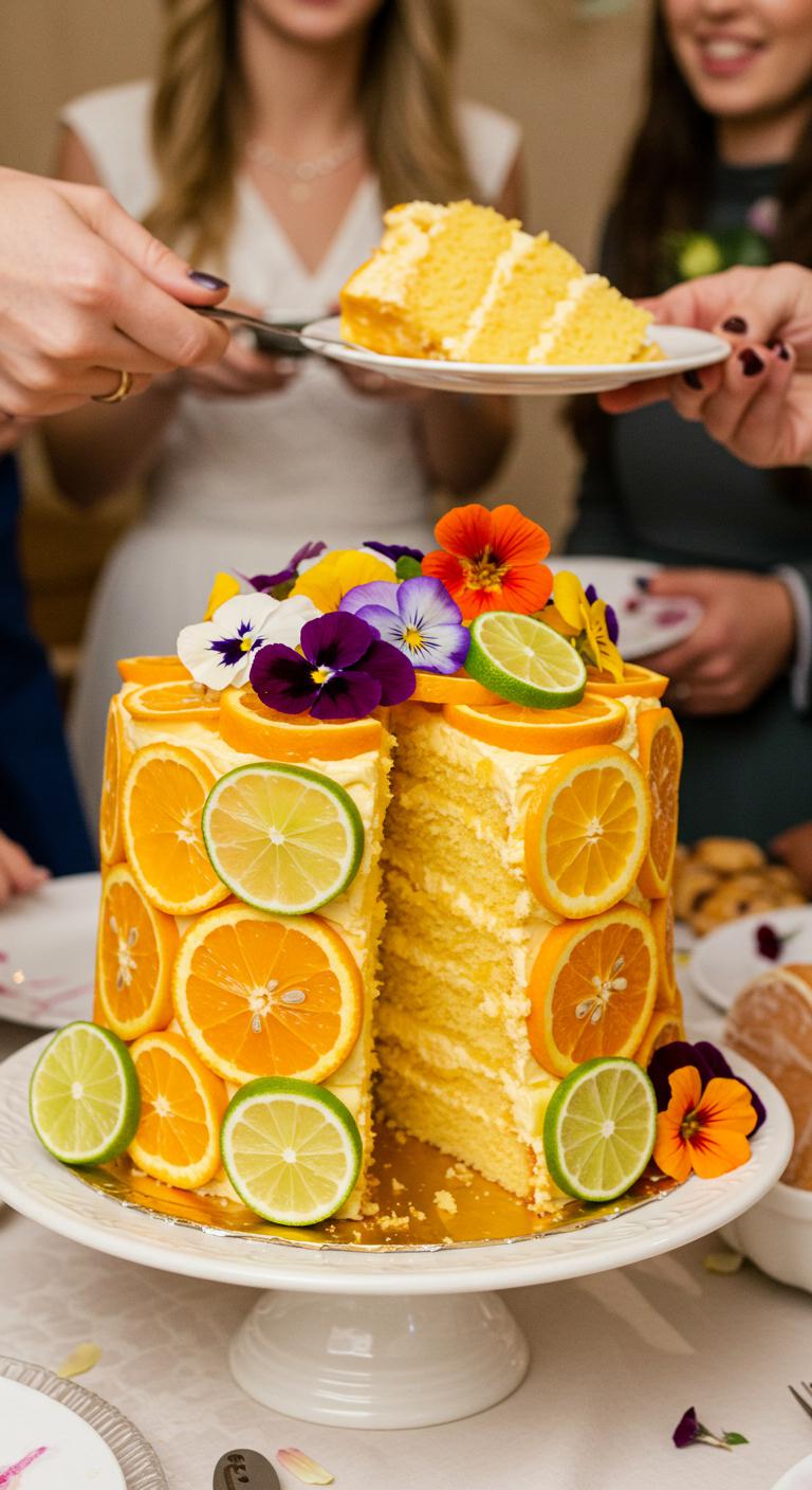 A bright and vibrant citrus cake decorated with lemon and lime slices. The cake is adorned with colorful edible flowers like pansies and nasturtiums, set against a festive wedding backdrop. The scene captures the lively celebration atmosphere, with guests enjoying slices of the cake and expressing delight. Soft, natural lighting enhances the freshness of the citrus and the beauty of the flowers.