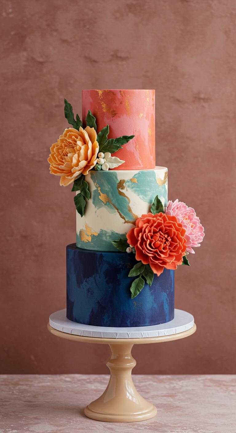 A **contemporary cake** with **bold floral accents**, featuring a **vibrant color palette** and artistic arrangements of **oversized blooms**, set against an elegant backdrop that enhances its striking allure.