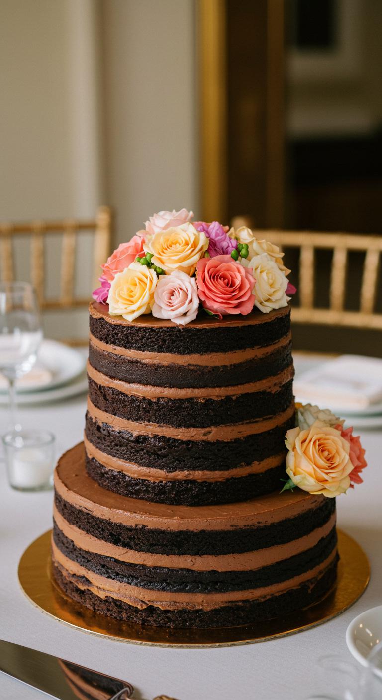 A **luxurious wedding cake** featuring **rich, dark chocolate layers**, elegantly adorned with **delicate, colorful flower toppers** in soft pastels and vibrant hues, set against a beautifully decorated wedding table, showcasing an **opulent and indulgent celebration** atmosphere.