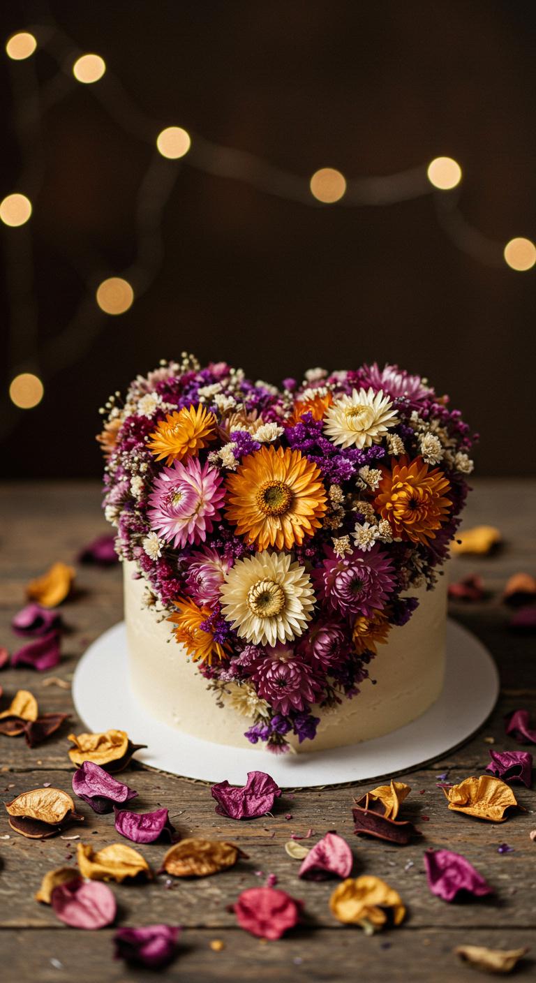 A beautiful **sweetheart cake** decorated with an array of **dried flowers** in muted tones and vibrant colors, showcasing **elegance and charm**. The cake is placed on a rustic wooden table with soft lighting, creating a **romantic and nostalgic** atmosphere. Surrounding the cake are scattered dried flower petals, enhancing the natural touch.