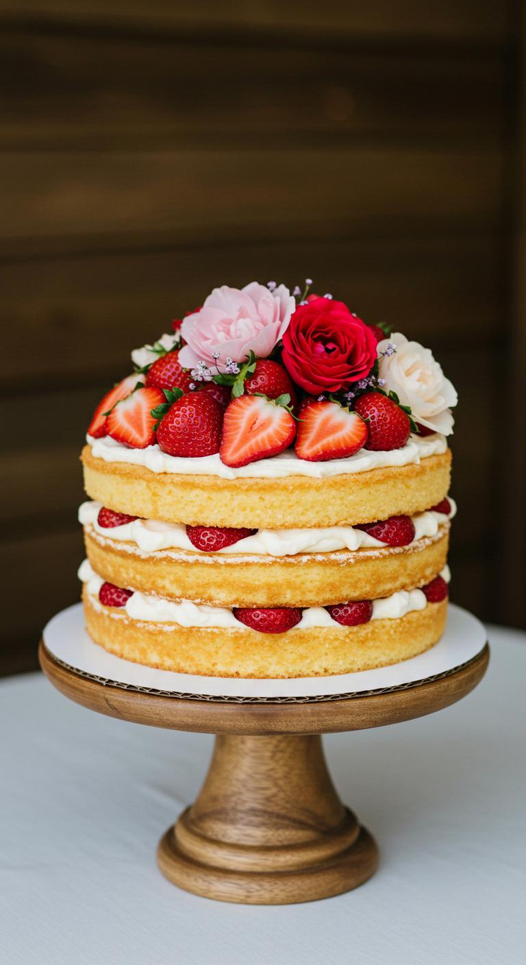 A beautifully decorated **farmhouse cake** with **rich, buttery layers**, **creamy frosting**, and adorned with fresh, **luscious strawberries** and vibrant, delicate blossoms cascading down the sides, set against a rustic backdrop. The scene captures the essence of a wedding celebration, showcasing a visual and tasty masterpiece that evokes the feeling of a **seasonal delight**.