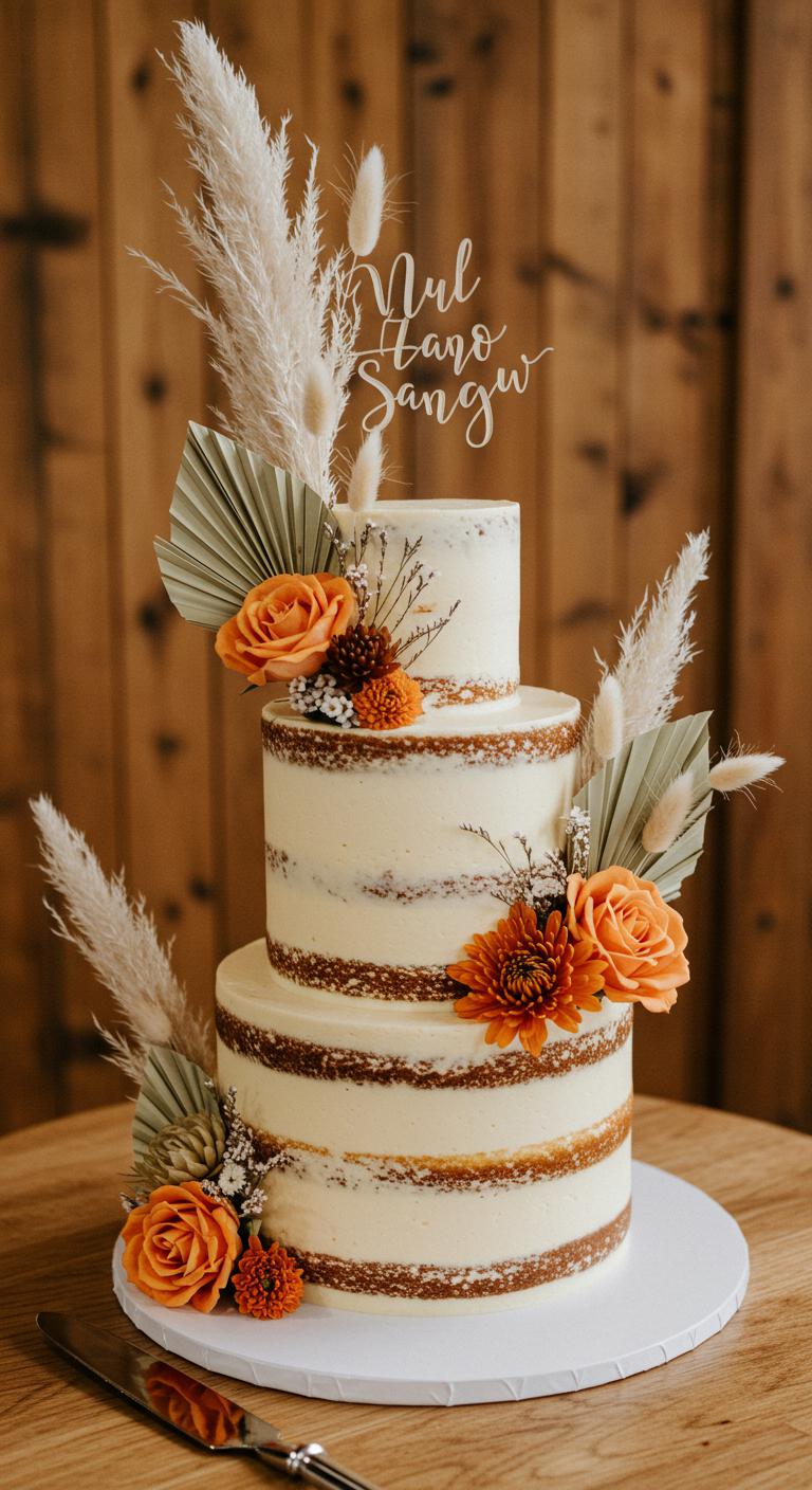 A **whimsical boho cake** **adorned with pampas grass** and **vibrant wild blooms**, showcasing **soft earthy tones** and a natural beauty that embodies **free-spirited elegance**. The cake serves as an enchanting centerpiece for a boho wedding, creating a stunning visual that’s both romantic and effortlessly chic.