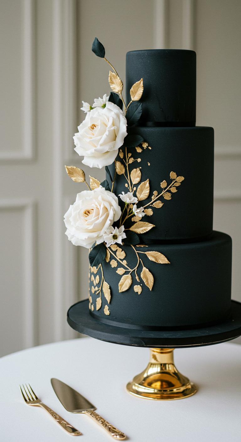 A **luxurious black wedding cake** adorned with **intricate gold floral designs** and **delicate white blooms**, elegantly displayed as a **stunning centerpiece** at a wedding reception. The cake should have a dramatic appearance, capturing the opulence and charm of a **high-end celebration**.