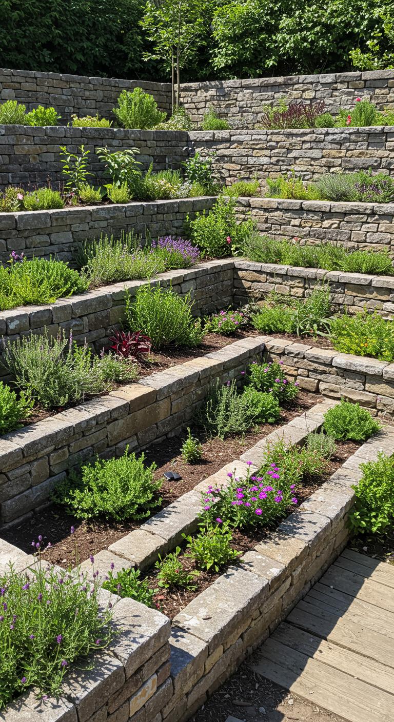 A detailed image of a terraced garden built on a steep slope, showcasing layered plant beds filled with vibrant flowers, herbs, and small shrubs. Weathered stone walls hold back the earth, while a small wooden pathway winds through the terraces, inviting exploration. The light casts gentle shadows, enhancing the textures of the plants and the stability of the stonework.