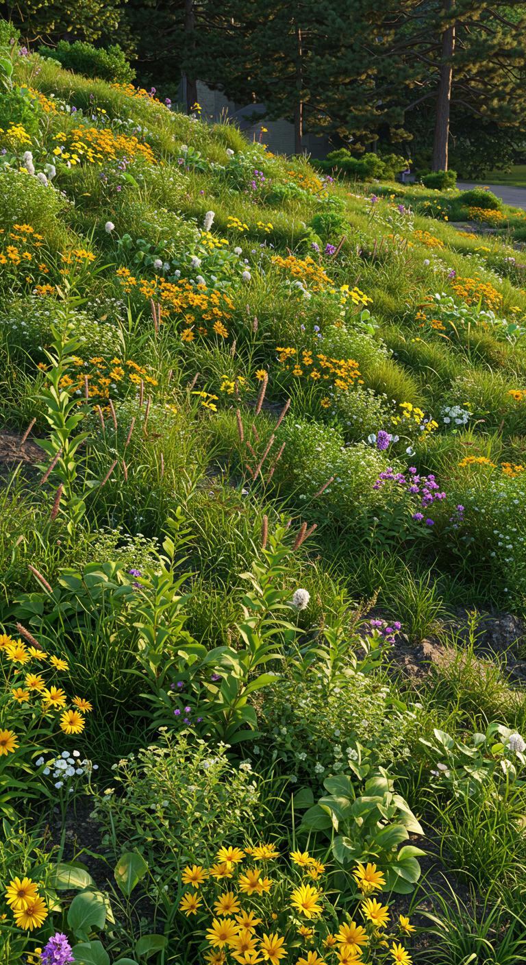 A hillside lush with native plants that thrive in the local climate, showcasing various shades of green and bursts of color from wildflowers. The arrangement is natural and unstructured, blending seamlessly with the surrounding environment, making it look both inviting and serene.
