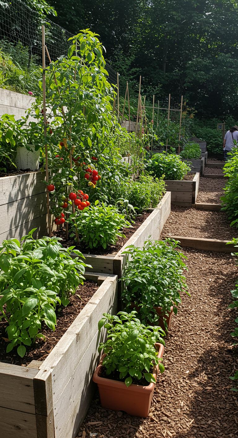 A small edible garden on a steep slope, brimming with vegetables and herbs such as tomatoes, basil, and peppers. The plants are neatly organized in raised beds made from recycled wood. Sunlight bathes the garden, showcasing healthy, vibrant produce ready for harvest.