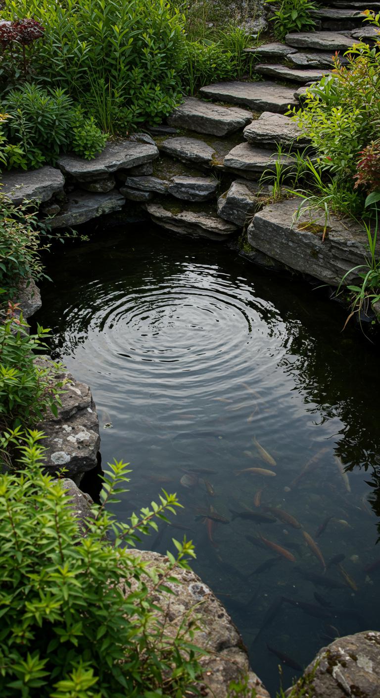 A tranquil small pond on a steep landscape, surrounded by rocks and lush greenery. Gentle ripples spread across the water, reflecting the sky and plants. Small fish swim beneath the surface, adding life to the serene scene.