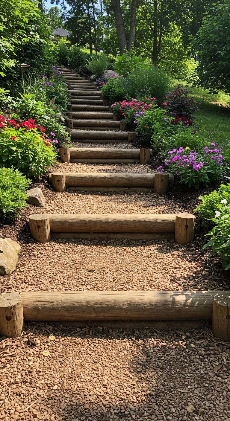 A charming set of garden steps made from wooden logs, leading up a steep hill. The steps are flanked by colorful flowers and lush greenery, creating a beautiful and functional pathway. Soft sunlight highlights the textures of the logs and the vibrant colors of the plants.