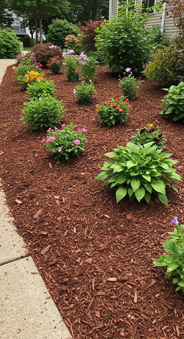 A well-mulched flower bed on a slope, showcasing a variety of vibrant flowers and greenery. The brown mulch contrasts beautifully with the bright colors of the plants, helping to retain moisture and prevent weeds. The scene is well-lit, highlighting the healthy growth of the flowers.