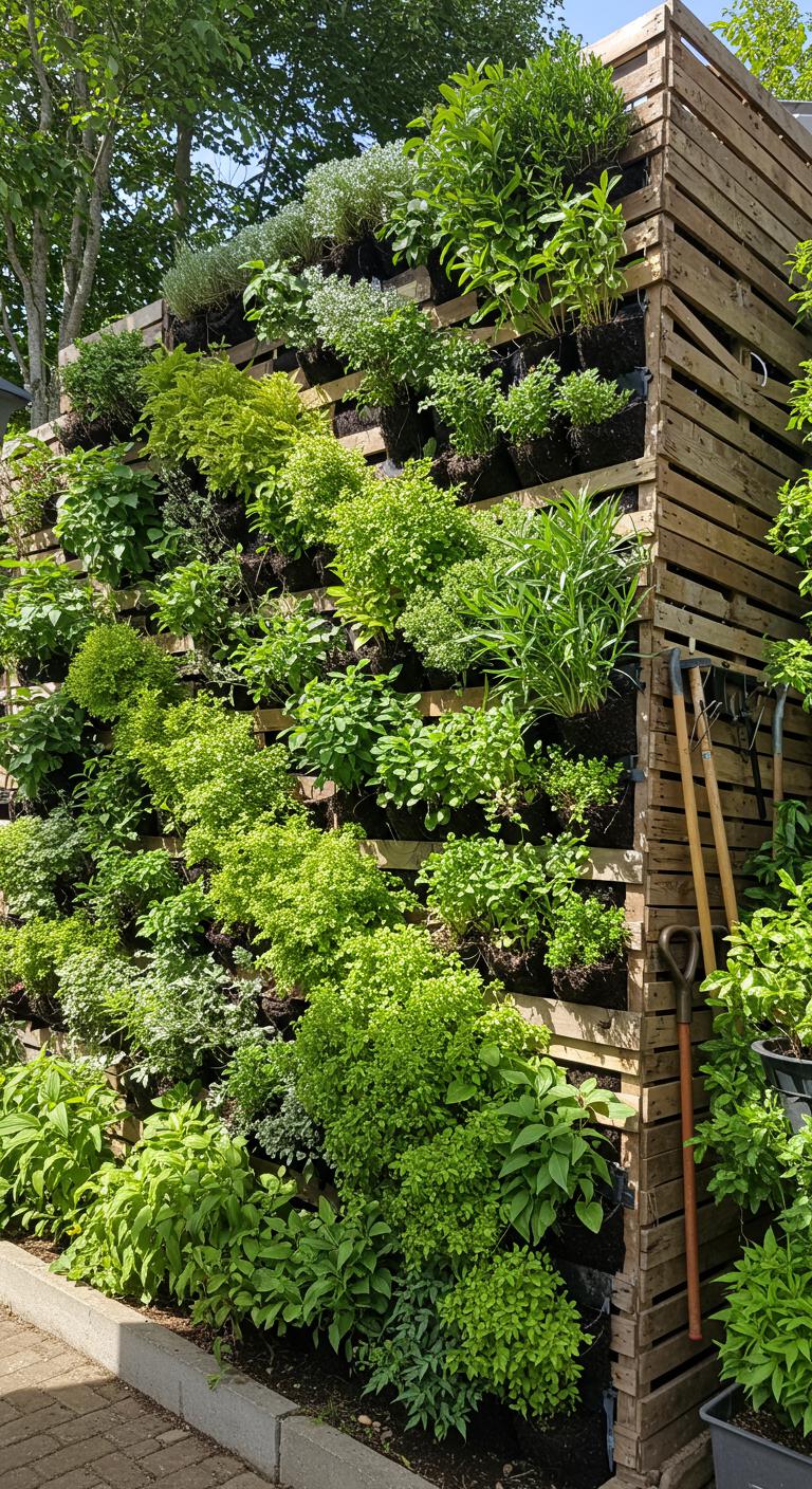 A rustic wooden fence adorned with colorful planters filled with blooming flowers and trailing vines. The planters are securely attached to the fence, creating a vertical display of color against the backdrop of greenery on the steep hill.
