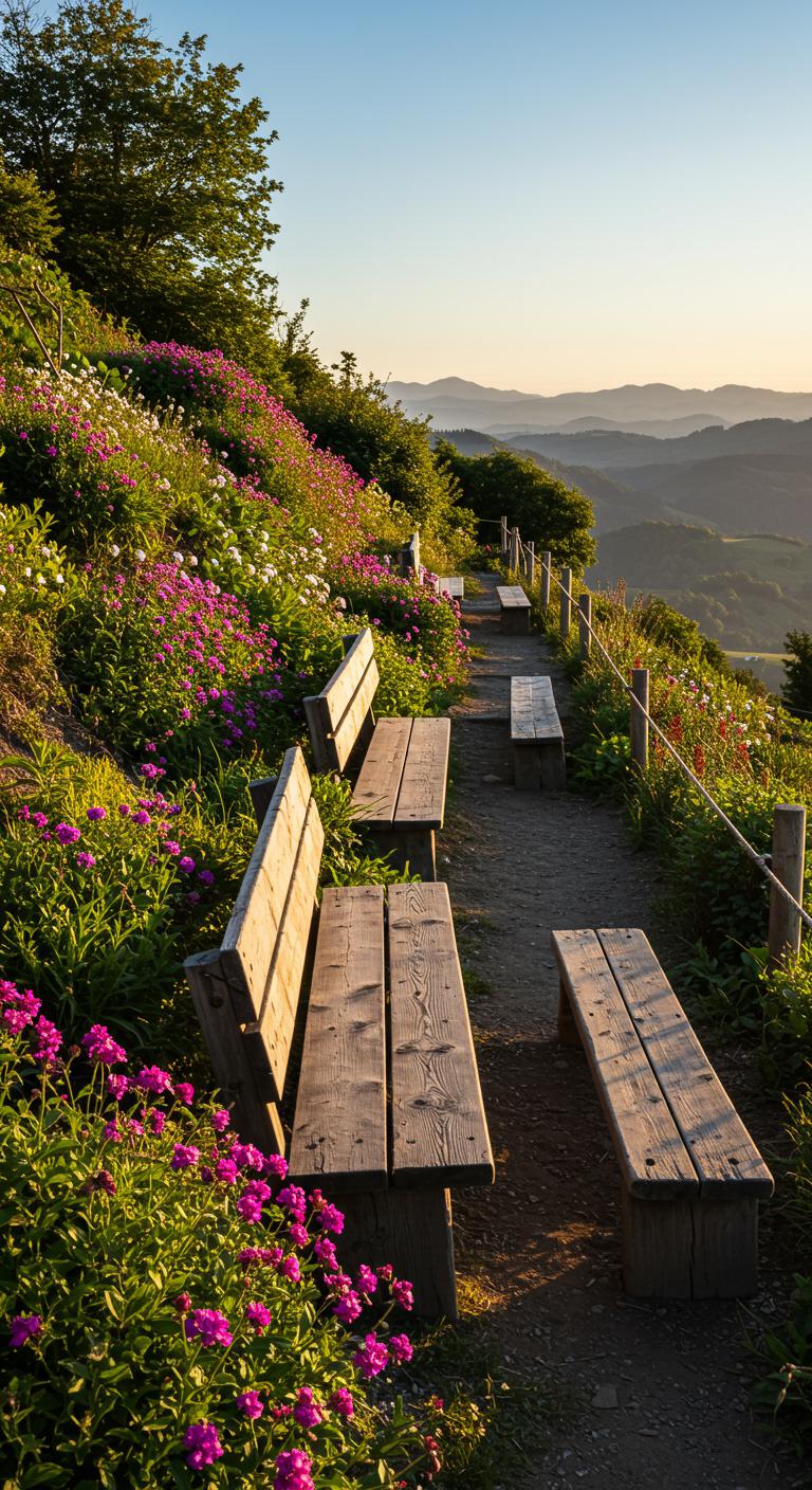 An inviting seating area on a steep hill, featuring rustic benches made from reclaimed wood, surrounded by flowering plants. The scene is bathed in warm sunlight, creating a cozy nook where one can relax and enjoy the view of the landscape.