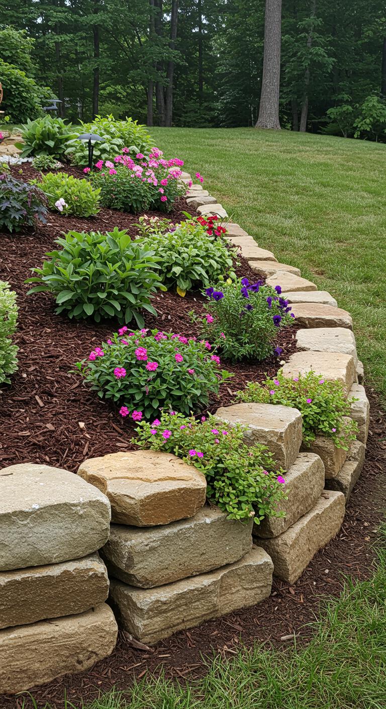A neatly arranged stone border along the edge of a flower bed on a steep hill, showcasing a variety of plants spilling over the stones. The stones are of various sizes, creating a natural and rustic look that complements the vibrant flowers.