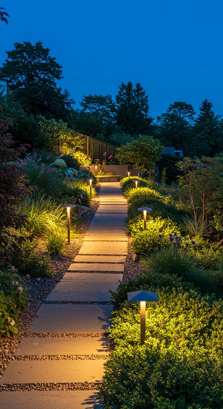 Soft, warm lighting features integrated into a garden on a steep hill, illuminating pathways and highlighting plants. The lights are strategically placed to create a magical atmosphere as the sun sets, enhancing the beauty of the outdoor space.