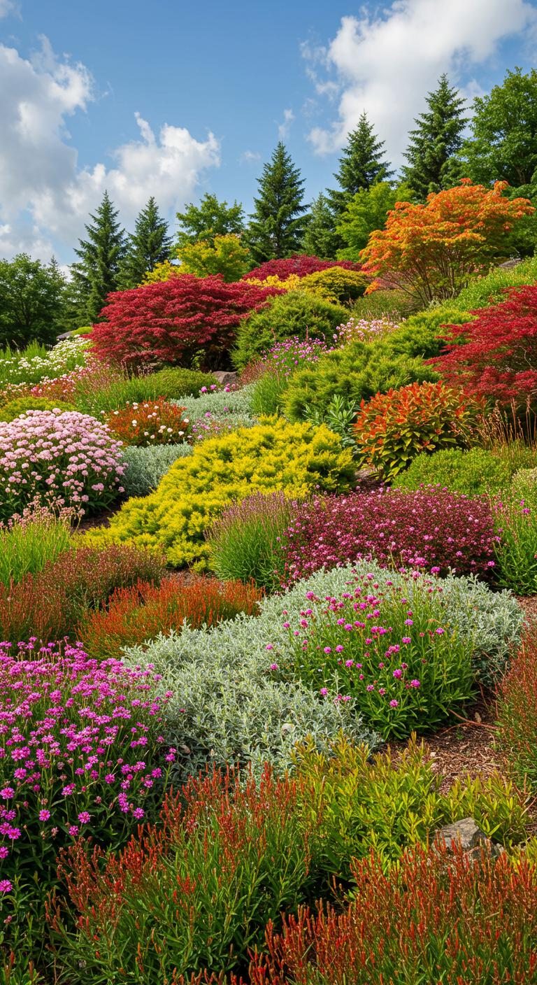 A stunning display of seasonal plants on a steep hill, showcasing a variety of colors and textures throughout the year. The scene captures vibrant spring flowers, lush summer greens, and autumn hues, illustrating the beauty of seasonal change in a garden.