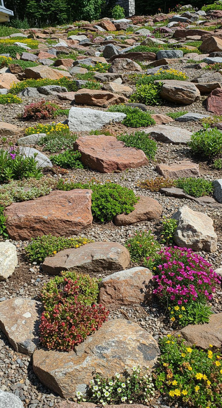 A creatively designed herb spiral garden on a slope, featuring a circular arrangement of herbs at varying heights. The spiral design allows for efficient water drainage and sunlight exposure, showcasing lush green foliage in different shades.