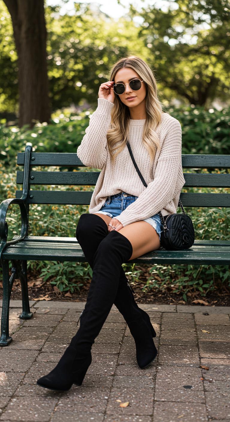 A laid-back woman sits on a park bench, wearing a light oversized sweater, distressed denim shorts, and black thigh-high boots. The setting features lush greenery and sunlight filtering through the trees. Accessories include a crossbody bag and oversized sunglasses, adding to the relaxed yet stylish look of the outfit.