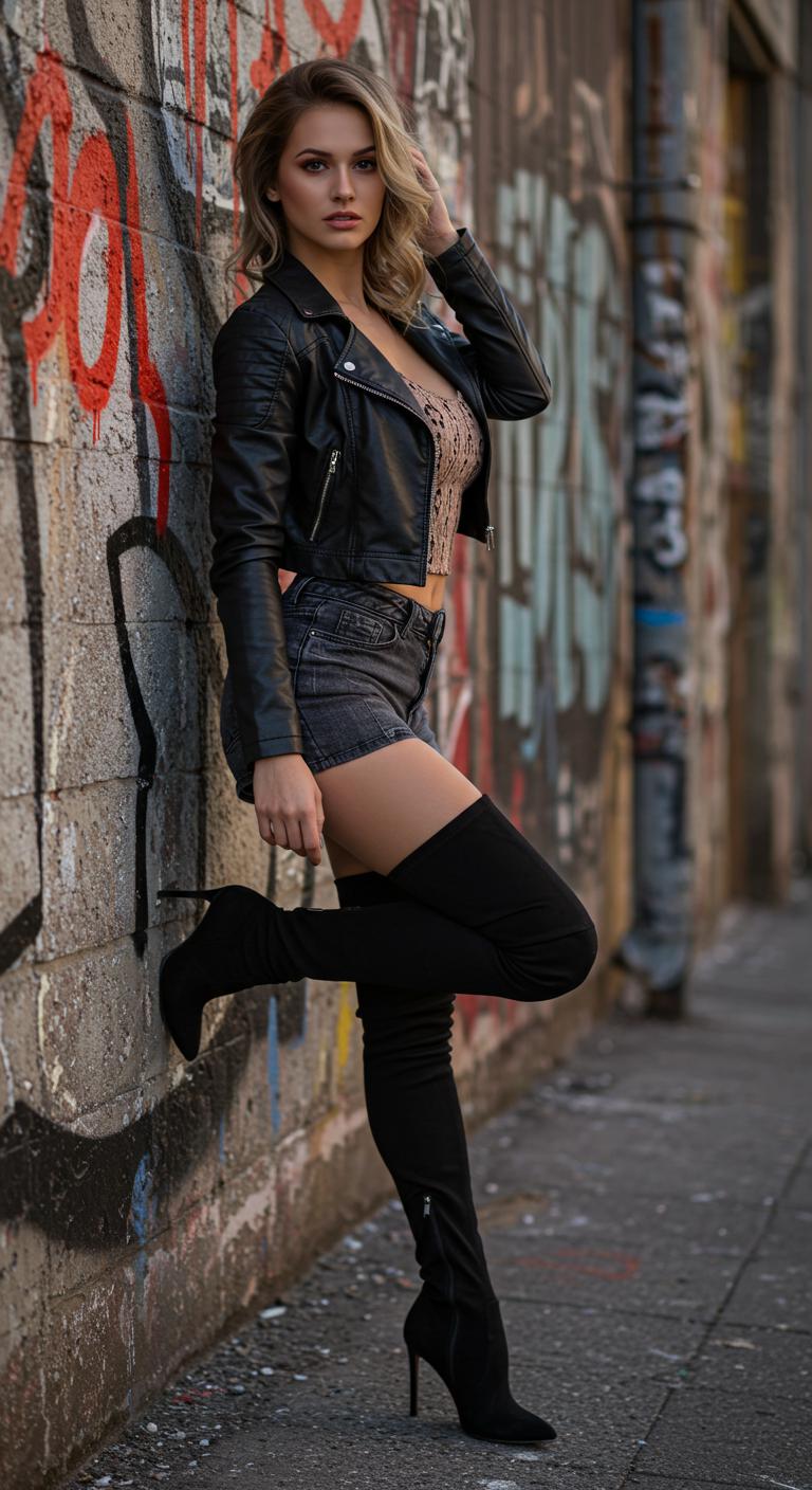 A confident woman stands against a graffiti-covered wall, showcasing an edgy outfit with a cropped leather jacket, a fitted top, and thigh-high boots. The urban setting adds a rebellious flair, emphasizing the boldness of her style. Her hair is styled effortlessly, contributing to the overall cool vibe.