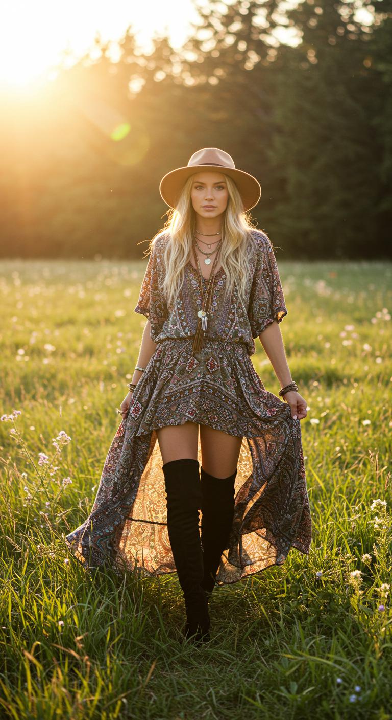 A carefree woman strolls through a sun-drenched field, wearing a flowing maxi skirt, a loose-fitting top, and thigh-high boots. The natural setting enhances the bohemian vibe, with wildflowers swaying in the breeze. Her accessories include layered necklaces and a wide-brimmed hat.