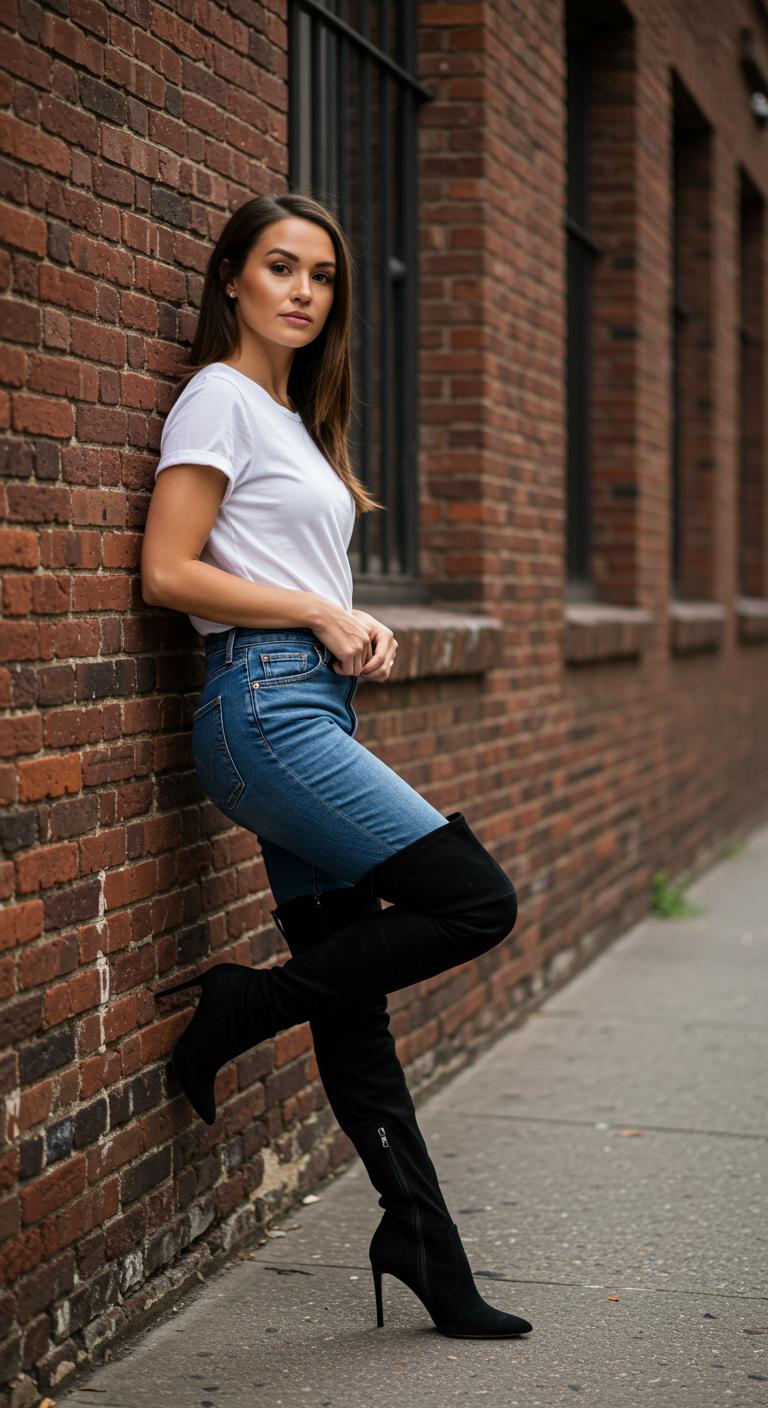 A stylish woman leans against a brick wall, wearing a classic white tee, high-waisted jeans, and thigh-high boots. The urban backdrop is rich with texture and character, emphasizing her effortlessly chic look.