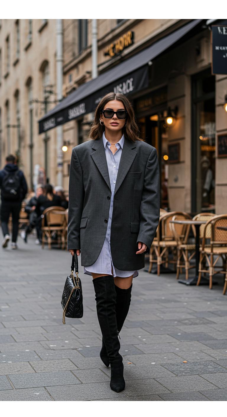 A fashionable woman confidently walks down a city street, wearing an oversized blazer, fitted shirt, and thigh-high boots. The urban environment features stylish cafes and bustling pedestrians, highlighting her modern, chic aesthetic.