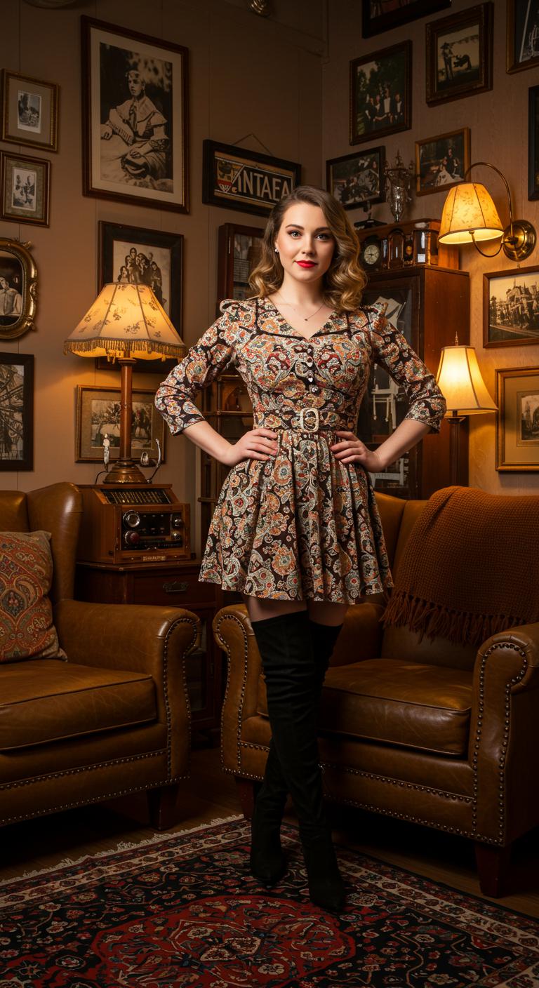 A woman poses in a vintage-themed room, wearing a retro-inspired dress with thigh-high boots. The decor features eclectic items and warm lighting, enhancing her fashionable nod to the past.