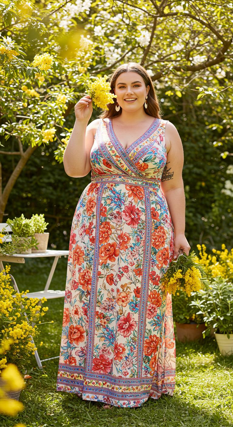 A plus-size woman wearing a long floral maxi dress that flows gracefully around her. The dress features bright colors and intricate patterns, perfectly complementing her curves. She stands in a sun-drenched garden, holding a mimosa and smiling at the camera, surrounded by blooming flowers and greenery.