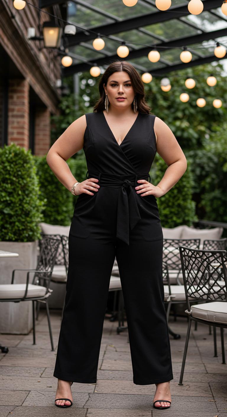 A stylish plus-size woman in a tailored black jumpsuit with a cinched waist. She stands confidently with her hands on her hips, showcasing the outfit’s sleek lines. The background features a chic outdoor terrace filled with greenery and soft lighting, perfect for a brunch gathering.