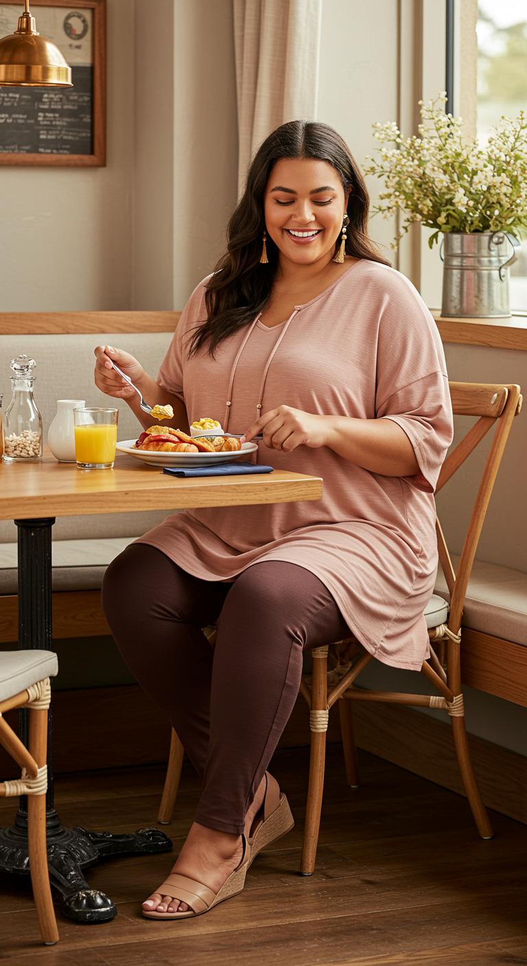 A plus-size woman wearing a flowy tunic top paired with stylish leggings. She smiles as she enjoys a brunch plate, sitting comfortably at a cozy café table. The setting is warm and inviting, with soft lighting and rustic decor that enhances the casual brunch atmosphere.