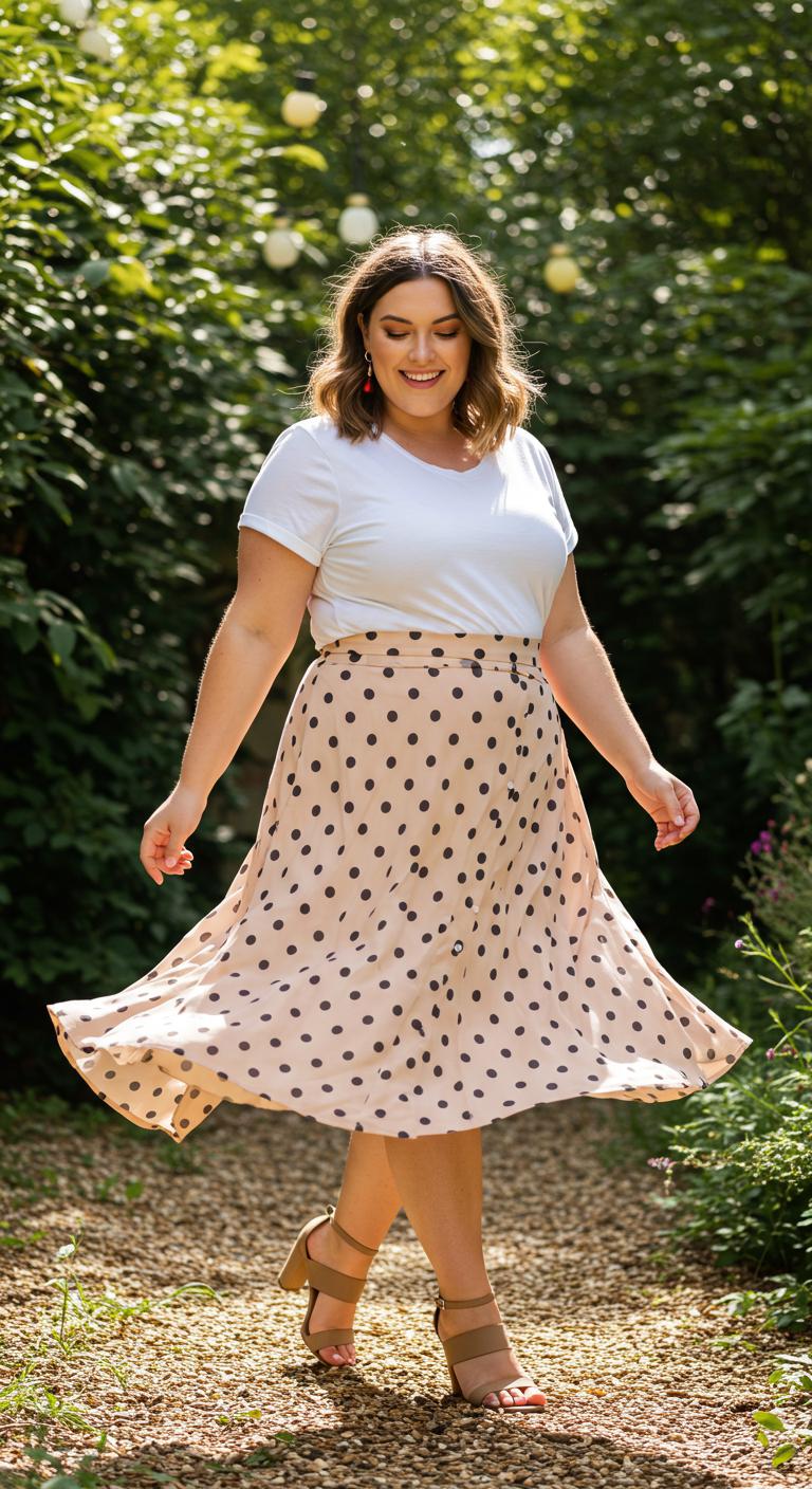 A plus-size woman wearing a playful midi skirt decorated with polka dots, paired with a simple white tee. She twirls happily, showcasing the skirt’s movement, in a bright outdoor setting filled with greenery and warm sunlight.