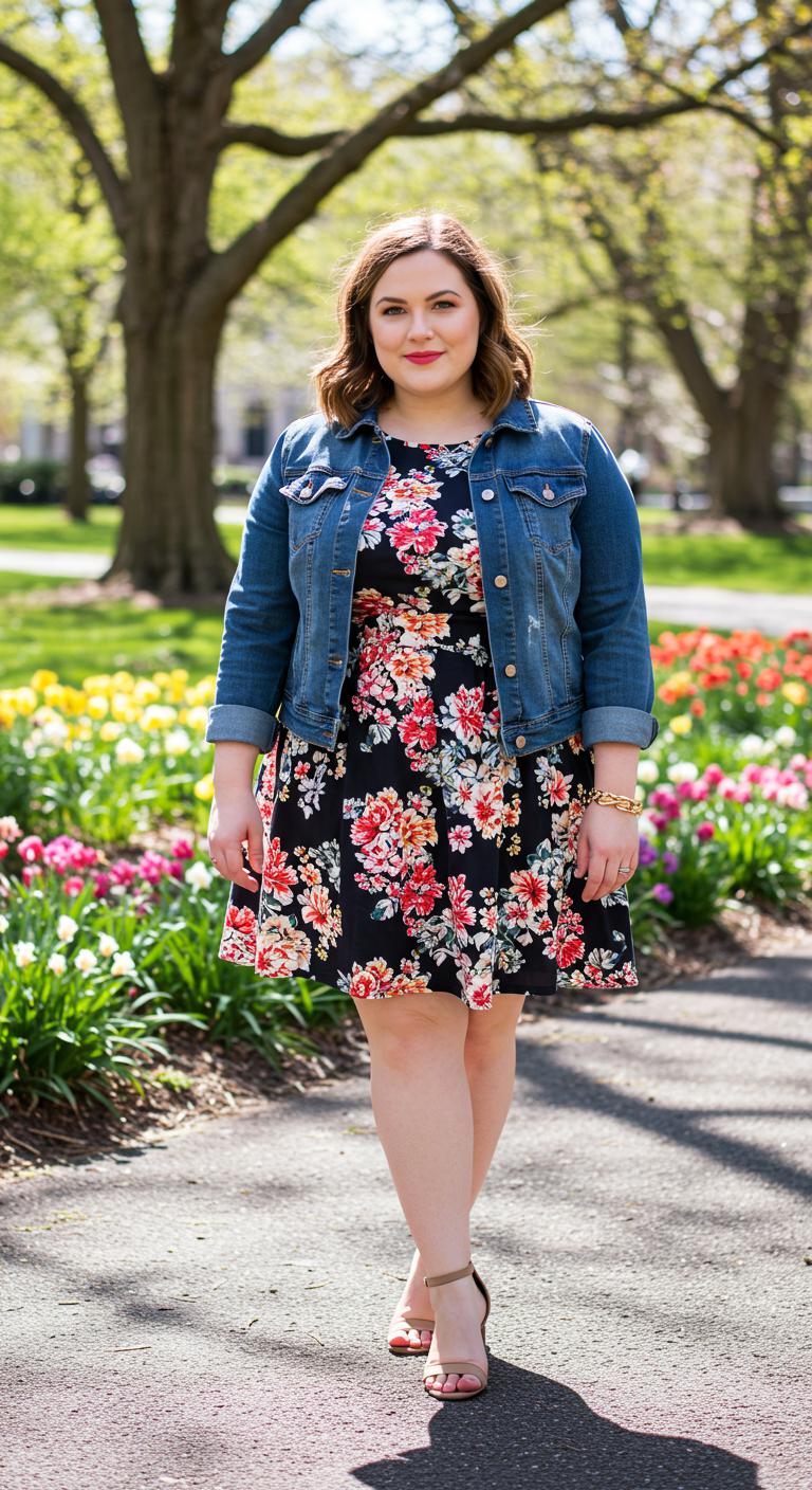 A plus-size woman wearing a floral dress layered with a fitted denim jacket. She stands confidently in a park, the sunlight highlighting her outfit and the vibrant flowers around her. The casual yet stylish look is perfect for a spring brunch.