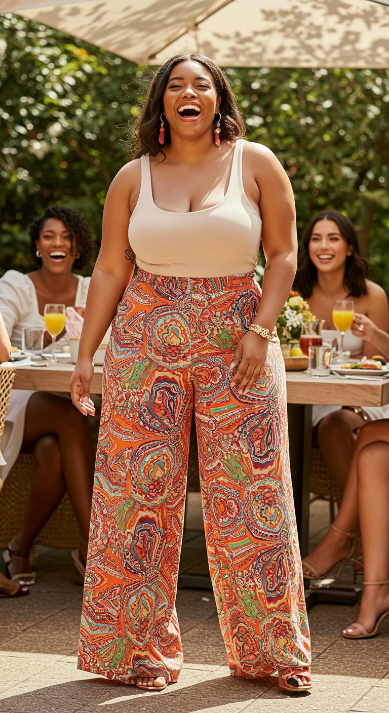 A plus-size woman wearing colorful palazzo pants with a fitted tank top. She joyfully poses with friends at a brunch table, the flowing pants creating a fun, dynamic look. The background is filled with greenery and sunlight, enhancing the vibrant colors of her outfit.