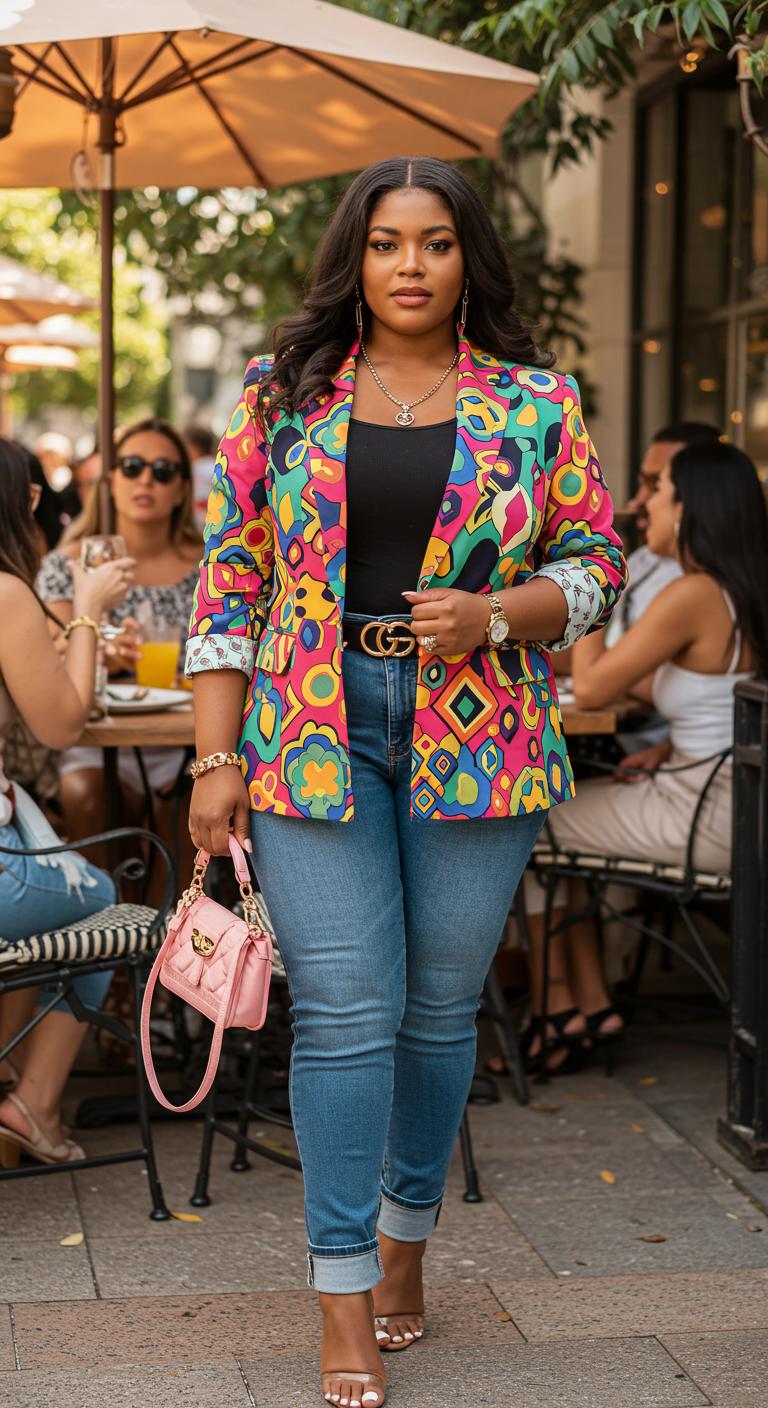 A plus-size woman in a bold statement blazer over a casual outfit of a simple top and jeans. She stands confidently at a trendy brunch location, the blazer’s vibrant color and trendy cut making her stand out. The background features a lively brunch setting with friends enjoying themselves.