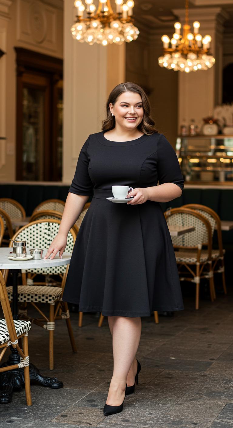 A plus-size woman wearing a classic A-line dress that flatters her figure. She smiles as she enjoys brunch with friends at a chic café. The dress’s design creates a polished look, and the setting features elegant decor, enhancing the stylish atmosphere.