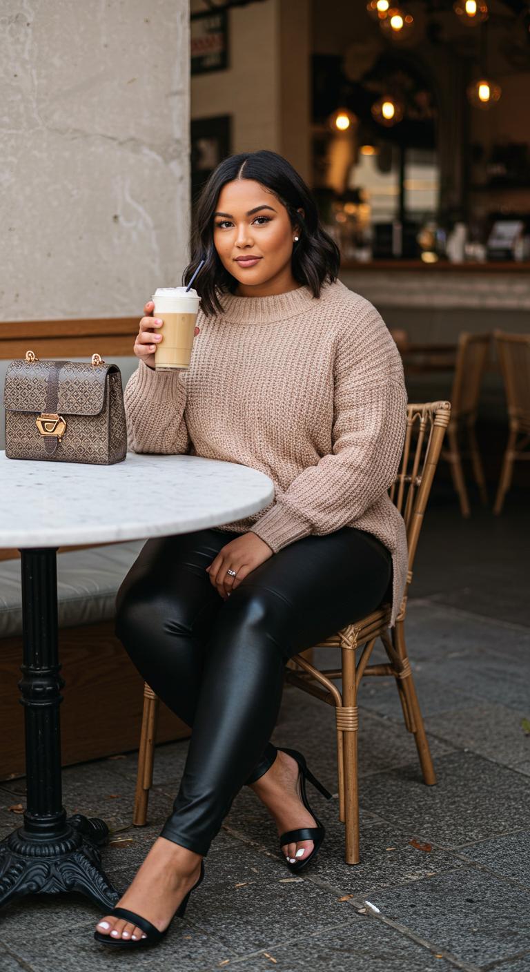 A plus-size woman wearing a fitted turtleneck layered under a stylish overall dress. She stands confidently at a cozy brunch spot, the layered outfit reflecting her unique style. The background features a warm and inviting atmosphere, perfect for a gathering with friends.