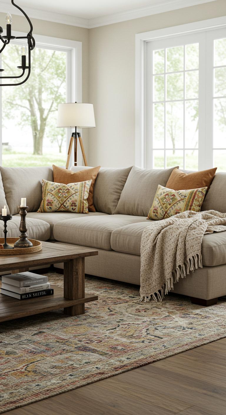 A large, plush sectional sofa in a neutral color sits in a bright living room. It’s adorned with colorful throw pillows and a soft, textured blanket. The sofa is positioned around a rustic coffee table, surrounded by warm lighting and decorative accents like candles and books.
