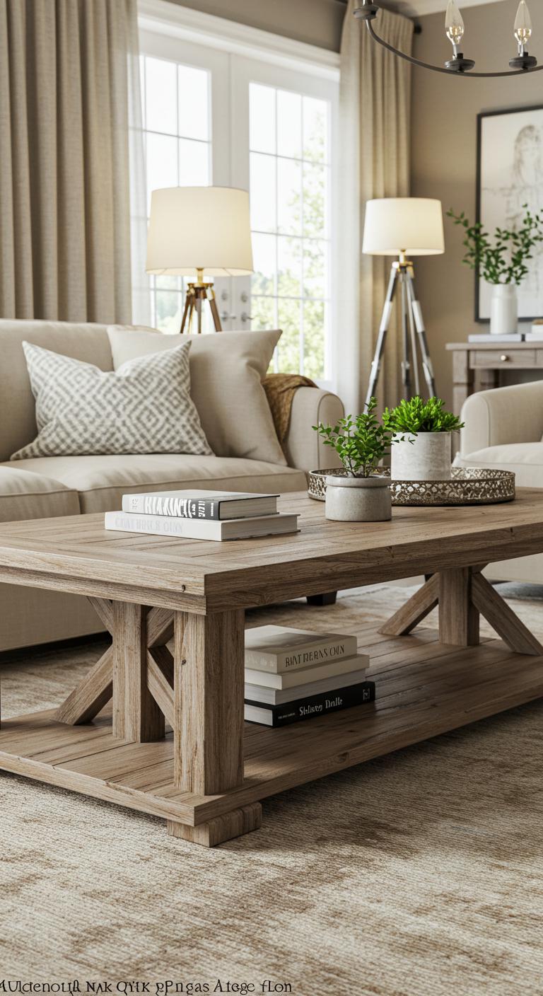 A rustic wooden coffee table with a weathered finish serves as the centerpiece in a chic living room. It’s styled with a few decorative books, a small potted plant, and a decorative tray, all set against a backdrop of soft, neutral walls and warm lighting.