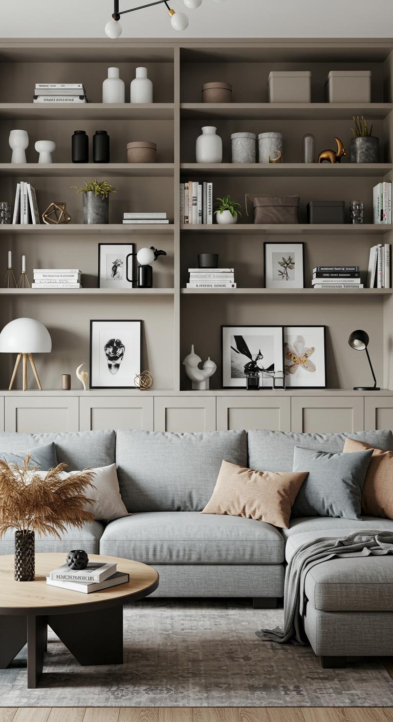 A stylish living room featuring built-in shelves filled with books, plants, and decorative items. The shelves are painted a soft color, seamlessly blending into the wall while showcasing a variety of personal and decorative pieces.