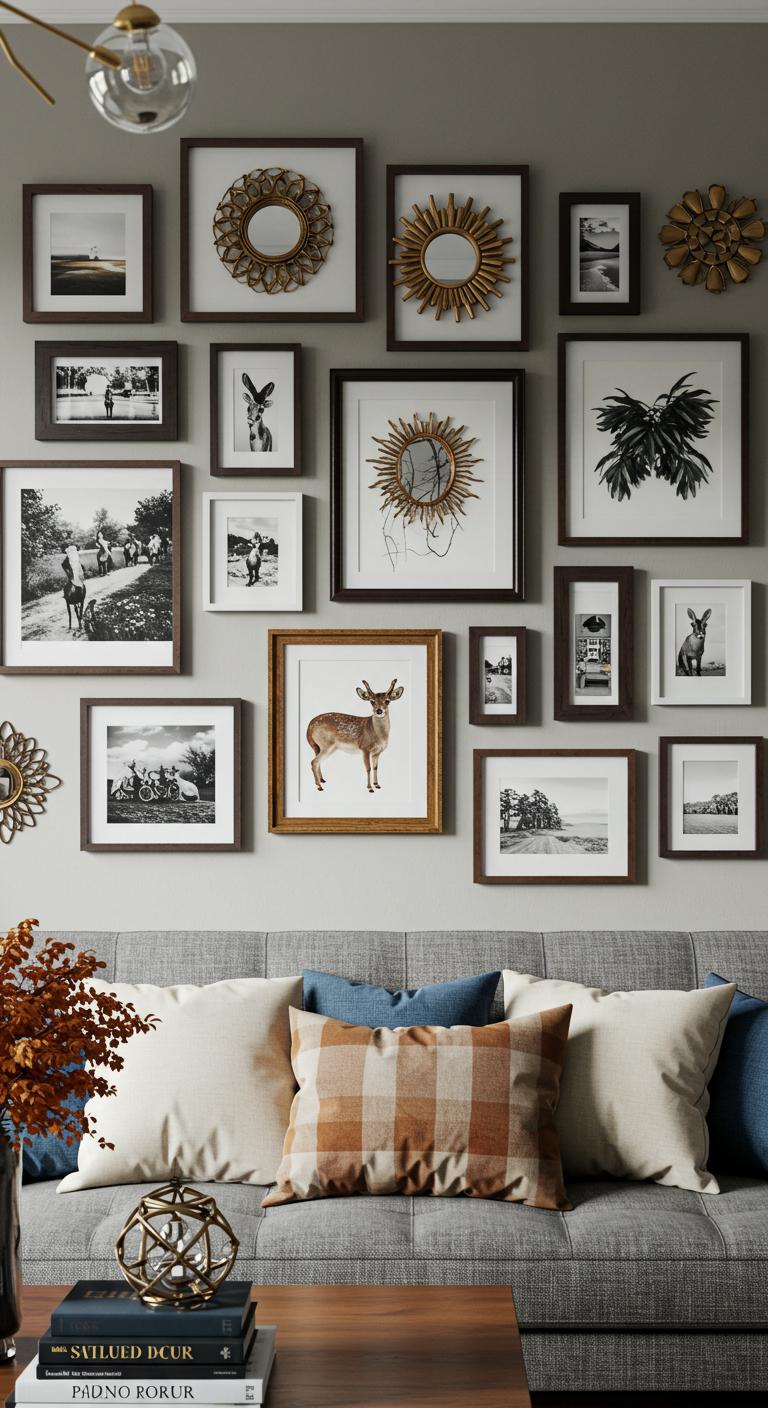 A gallery wall adorned with a variety of framed artwork, photographs, and decorative mirrors. The arrangement is eclectic yet thoughtfully curated, showcasing different styles and sizes that create visual interest in the living room.