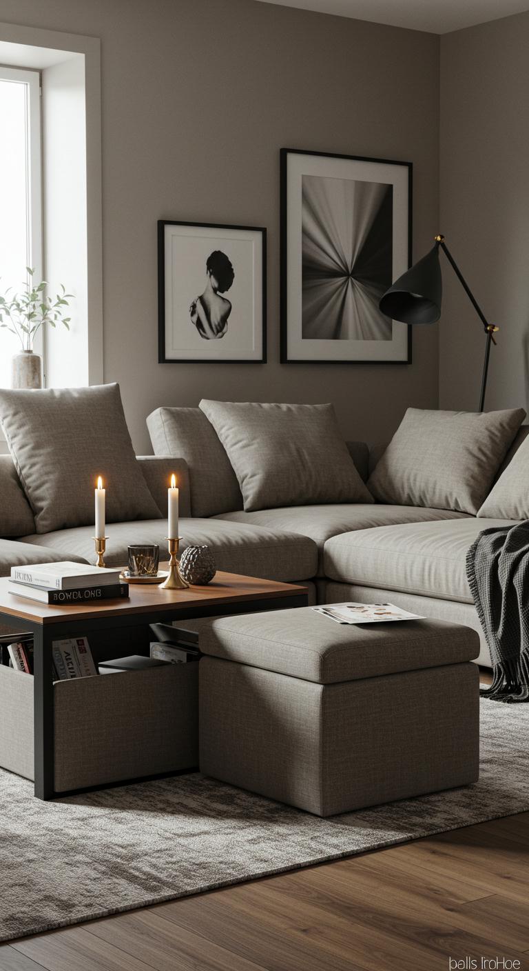 A stylish living room featuring multi-functional furniture, such as an ottoman that doubles as storage and a coffee table. The furniture is sleek and modern, seamlessly fitting into the cozy aesthetic of the space.