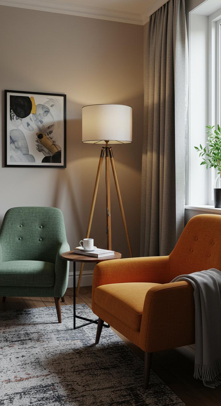 A pair of stylish accent chairs in a bold color sit in a cozy living room. The chairs are complemented by a small side table and a floor lamp, creating an inviting reading nook within the space.