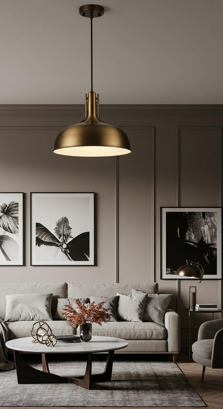 A living room bathed in warm, soft lighting from various sources, including table lamps and floor lamps. The warm glow creates a cozy atmosphere, inviting relaxation and comfort.